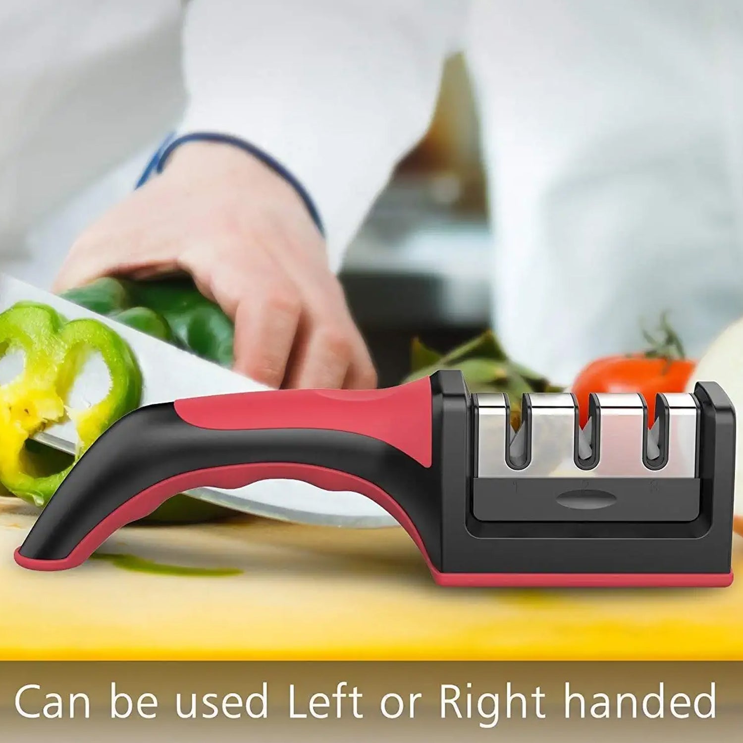 Manual knife sharpener with red handle for all blades Manual knife sharpener with red handle for all blades